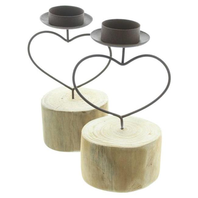 Preview: 2x Teelichthalter „Herz“ aus Metall mit Rost Finish auf Baumscheibe, Kerzenständer mit Sockel aus Holz, Wohnzimmer & Balkon Deko