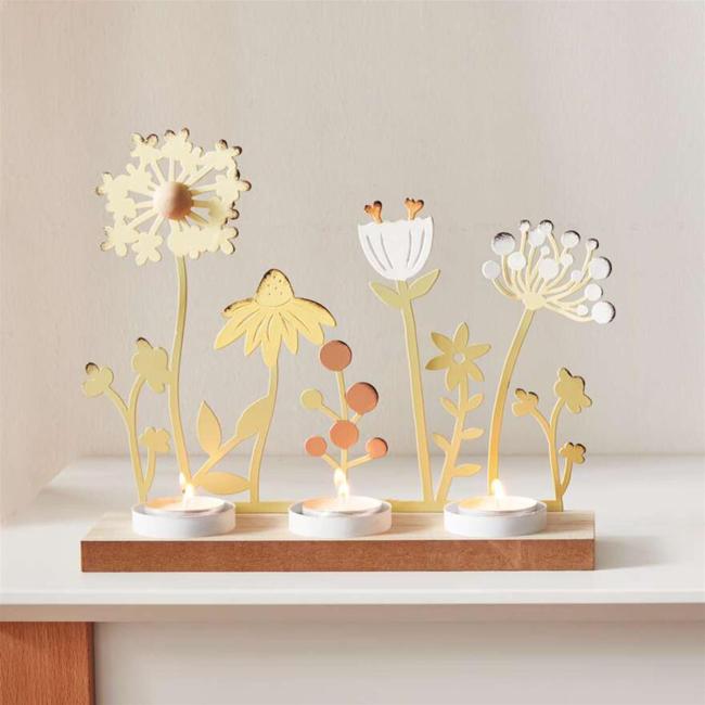 Teelichthalter "Blumenwiese" aus Metall, Sockel aus Holz für 3 Teelichter, Kerzenständer, Wohnzimmer & Balkon Deko