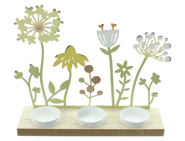 Preview: Teelichthalter "Blumenwiese" aus Metall, Sockel aus Holz für 3 Teelichter, Kerzenständer, Wohnzimmer & Balkon Deko