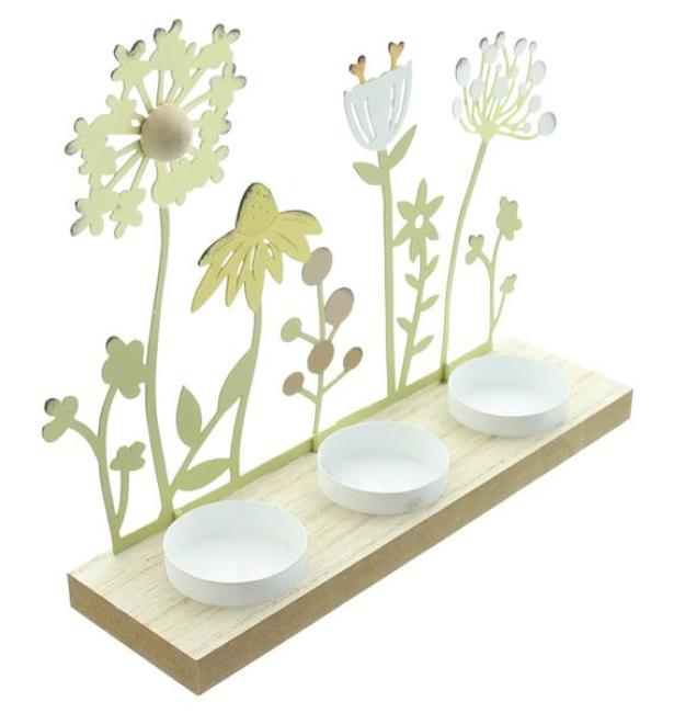 Teelichthalter "Blumenwiese" aus Metall, Sockel aus Holz für 3 Teelichter, Kerzenständer, Wohnzimmer & Balkon Deko