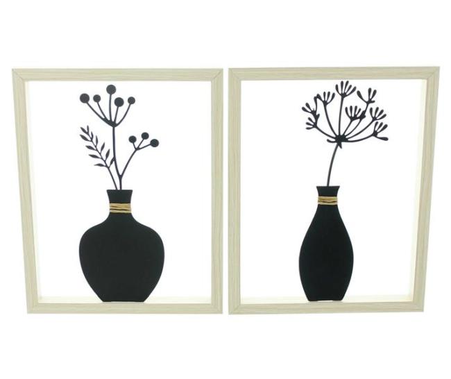 Preview: 2x Wanddeko "Vase" aus Metall schwarz mit Holz Rahmen, natur, Metallbilder Wohnzimmer, Wandbilder
