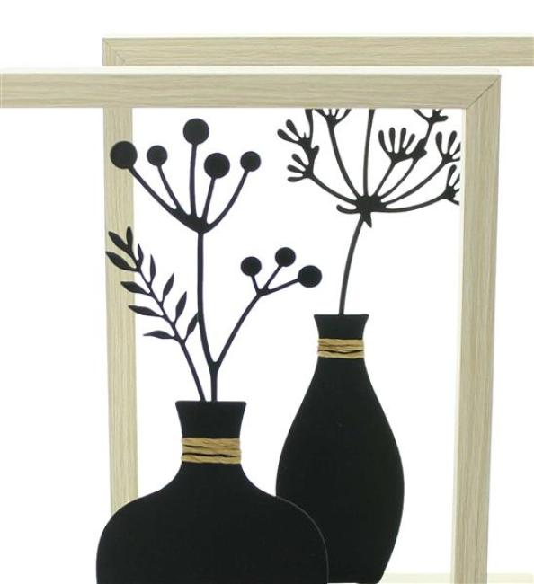 Preview: 2x Wanddeko "Vase" aus Metall schwarz mit Holz Rahmen, natur, Metallbilder Wohnzimmer, Wandbilder