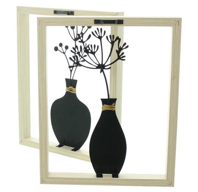 2x Wanddeko "Vase" aus Metall schwarz mit Holz Rahmen, natur, Metallbilder Wohnzimmer, Wandbilder