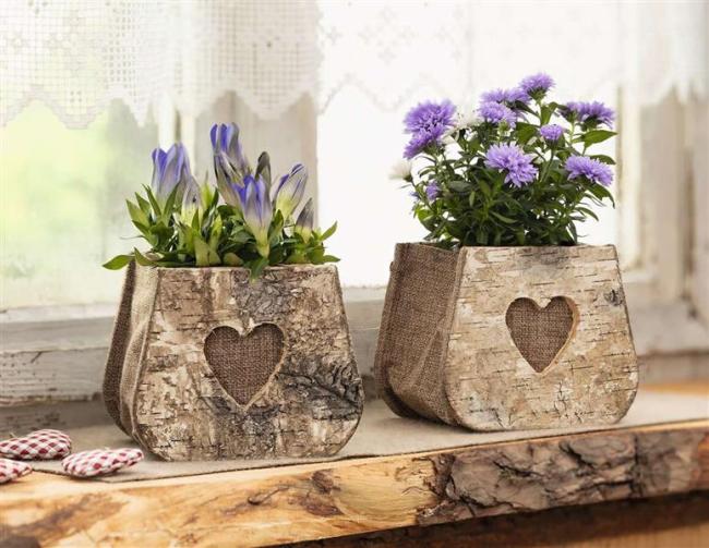 Preview: 2x Pflanztasche "Herz" aus Birke & Stoff, Pflanzgefäße, Blumentopf aus Holz, Pflanztopf Set