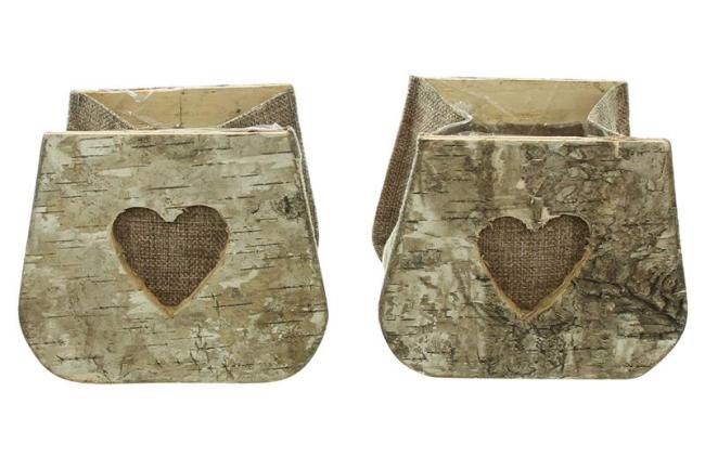 Preview: 2x Pflanztasche "Herz" aus Birke & Stoff, Pflanzgefäße, Blumentopf aus Holz, Pflanztopf Set