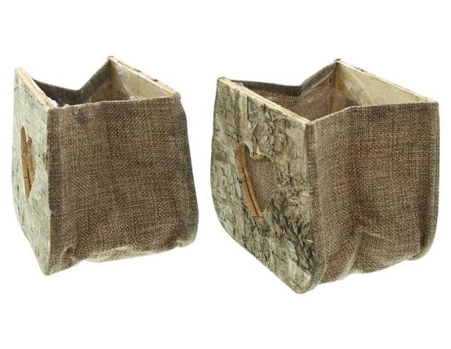 Preview: 2x Pflanztasche "Herz" aus Birke & Stoff, Pflanzgefäße, Blumentopf aus Holz, Pflanztopf Set