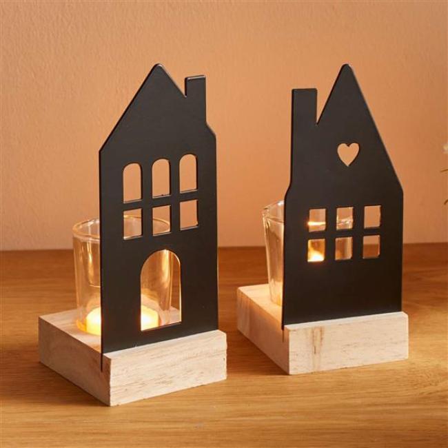 Preview: 2x Windlicht "Haus" aus Metall, matt schwarz, 15 + 16 cm hoch, mit Glas Teelichthalter, Tischdeko modern, Kerzenständer