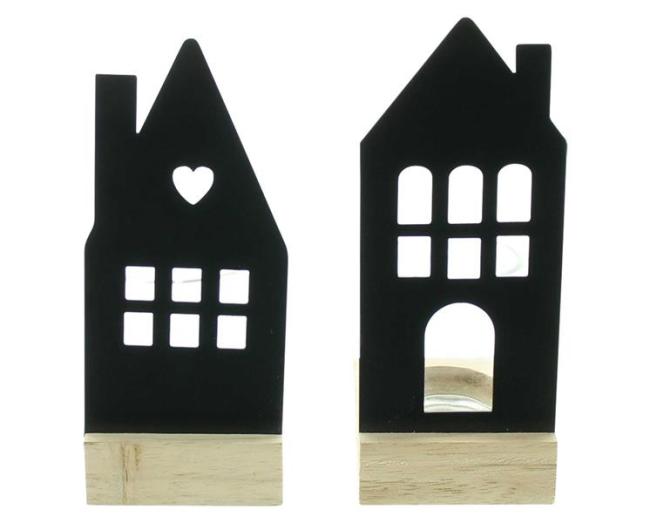 Preview: 2x Windlicht "Haus" aus Metall, matt schwarz, 15 + 16 cm hoch, mit Glas Teelichthalter, Tischdeko modern, Kerzenständer