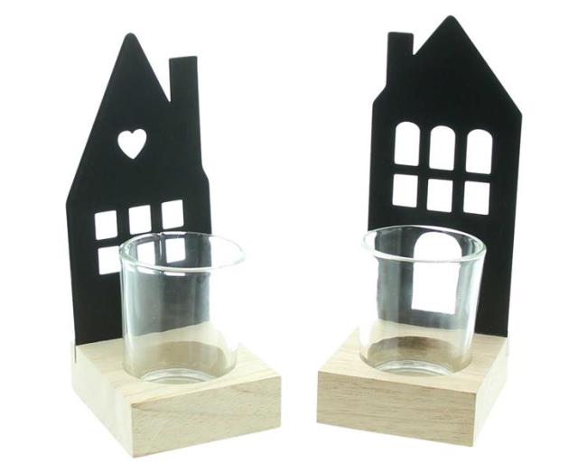 Preview: 2x Windlicht "Haus" aus Metall, matt schwarz, 15 + 16 cm hoch, mit Glas Teelichthalter, Tischdeko modern, Kerzenständer
