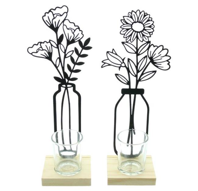Preview: 2x Teelichthalter "Metallblumen" matt schwarz, 27 cm hoch, Kerzengläser auf Holz-Sockel, Metall Deko mit Windlicht-Glas, Kerzenständer