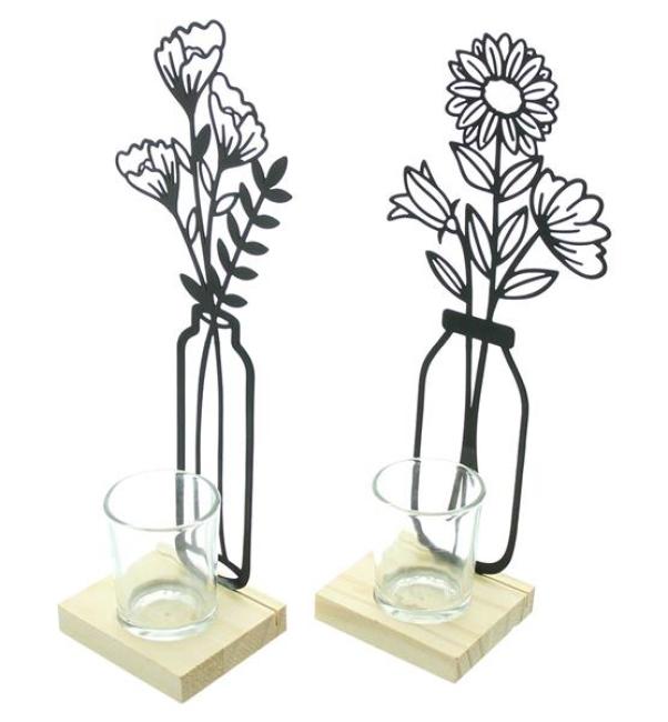 Preview: 2x Teelichthalter "Metallblumen" matt schwarz, 27 cm hoch, Kerzengläser auf Holz-Sockel, Metall Deko mit Windlicht-Glas, Kerzenständer