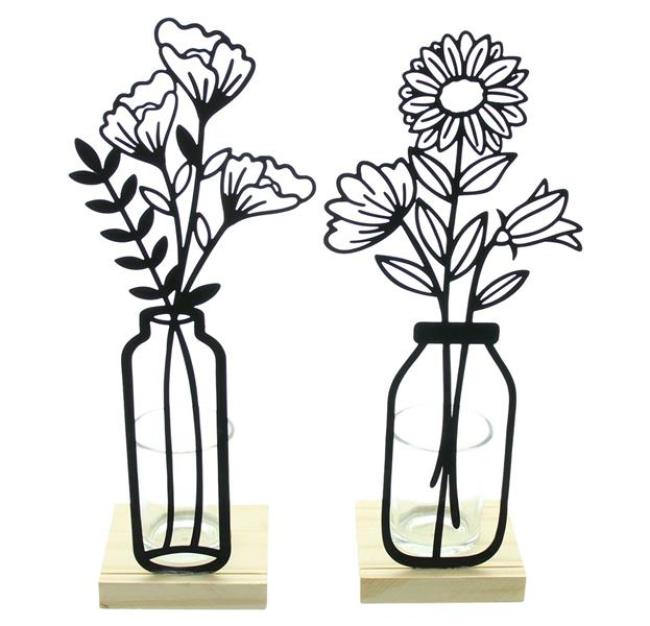 2x Teelichthalter "Metallblumen" matt schwarz, 27 cm hoch, Kerzengläser auf Holz-Sockel, Metall Deko mit Windlicht-Glas, Kerzenständer