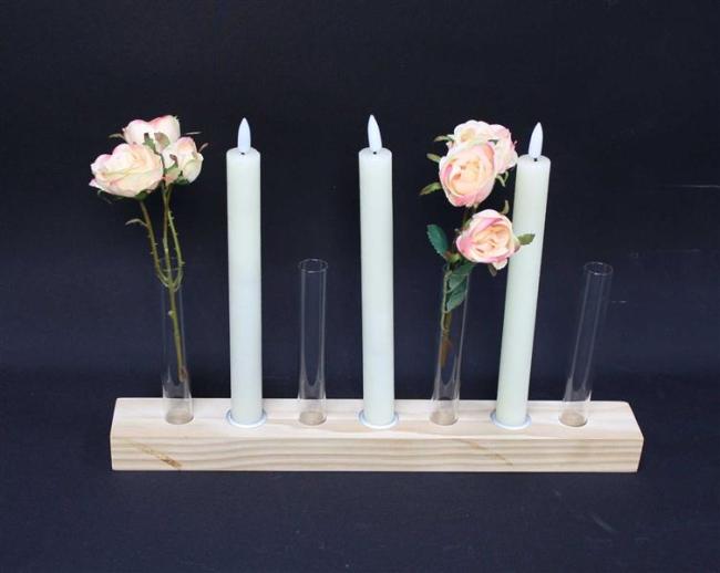 Dekoboard "Minimal" aus Holz mit 4 Glasvasen & 3 Kerzenhaltern, Reagenzglas Vase, Kerzenständer, Lichterboard