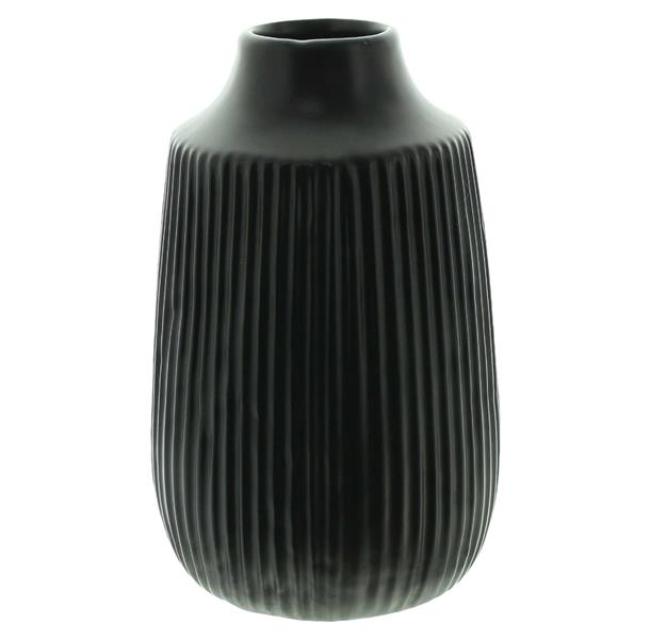 Preview: Dekovase "Black" aus Porzellan in matt schwarz mit Rillenstruktur, Blumenvase, Deko Vase