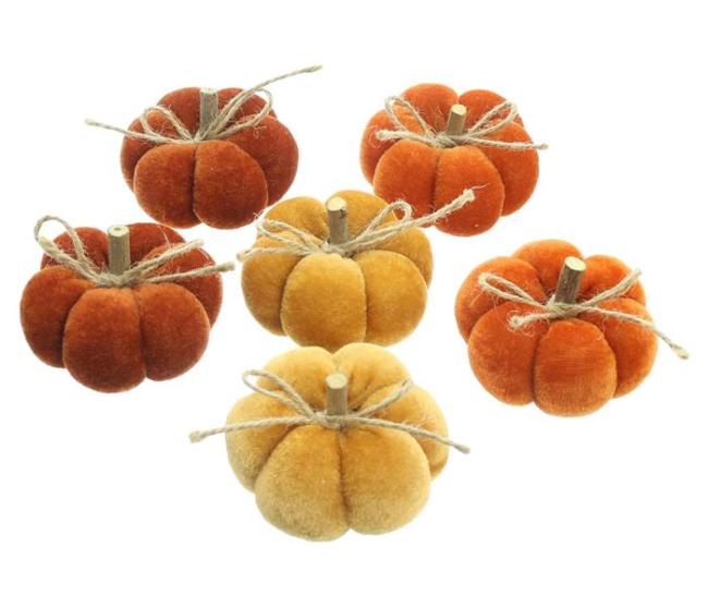 Preview: 6x Kürbis "Herbstfarben" in Samt Optik, Zierkürbis, Dekokürbis, Tischdeko Kürbisse