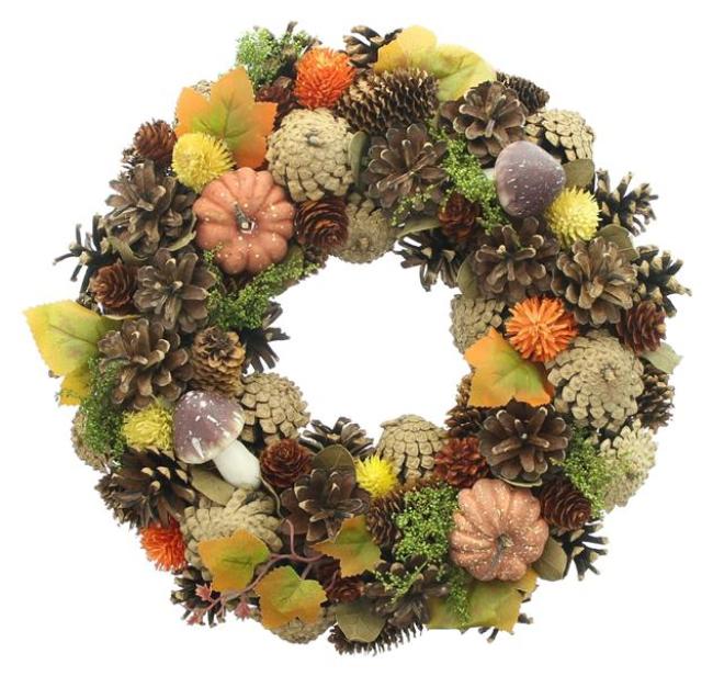 Preview: Kranz "bunter Herbst" Ø 32 cm, Herbstkranz mit Kürbissen, Pilzen, Zapfen & Blättern, Türkranz, Wandkranz, Dekokranz, Herbst Deko innen, Tischkranz