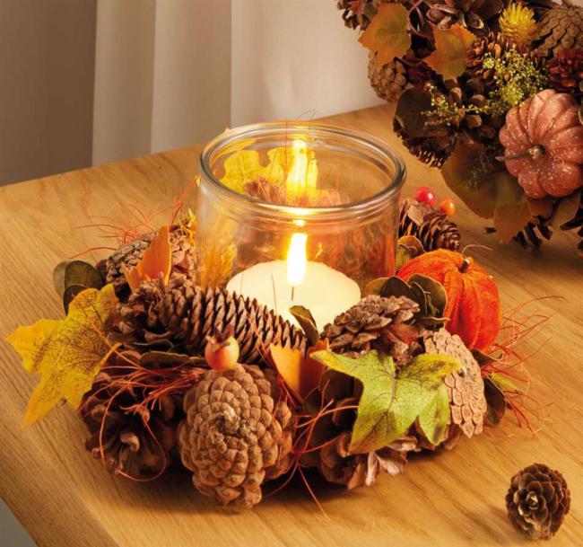 Windlicht "Herbst" Dekokranz klein & bunt, Ø 24 cm mit Kerzenglas, Herbstkranz, Tischkranz, Herbst Deko Kranz