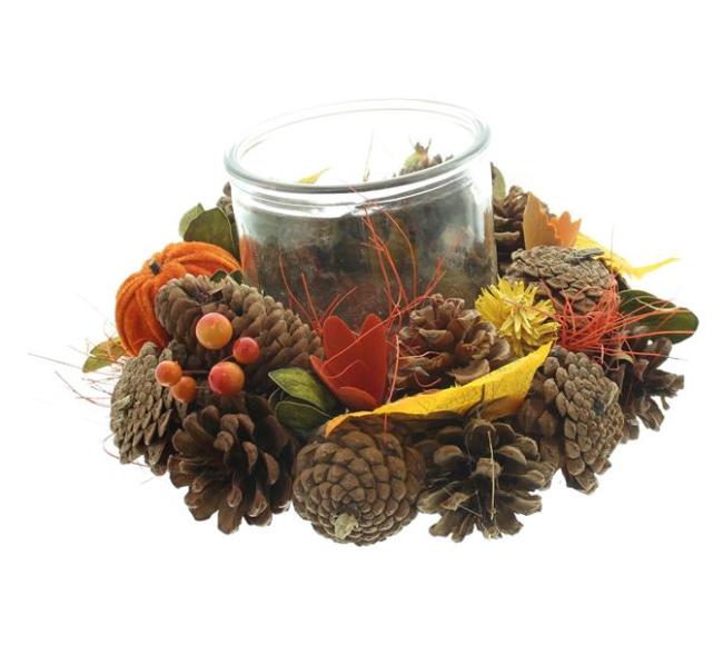 Preview: Windlicht "Herbst" Dekokranz klein & bunt, Ø 24 cm mit Kerzenglas, Herbstkranz, Tischkranz, Herbst Deko Kranz