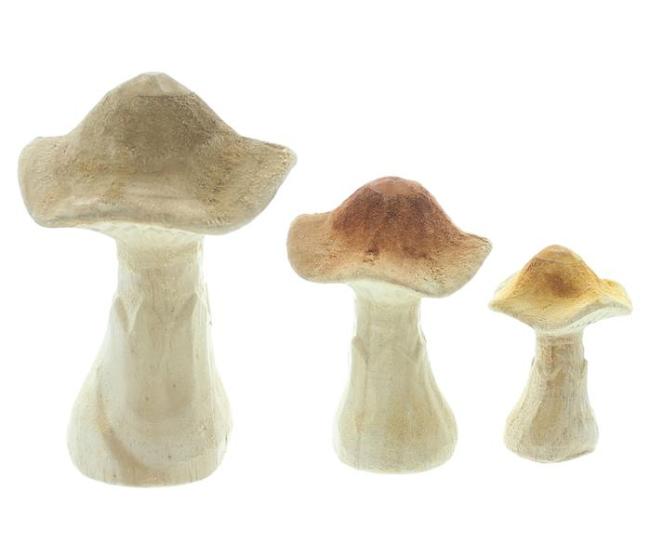 Preview: 3x Pilz "Natural" aus Holz, große Dekopilze, 7 10 14 cm hoch, Dekofigur Pilzset, Herbstdeko Pilze, Pilzdeko