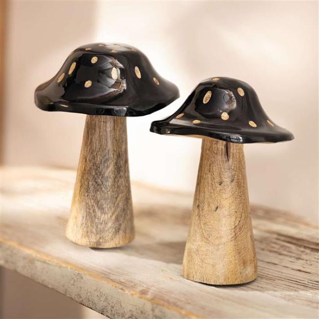 Preview: 2x Pilz "Black" aus Holz, große Dekopilze, 13 + 16 cm hoch, Dekofigur Pilzset schwarz & gold, Herbstdeko Pilze, Pilzdeko