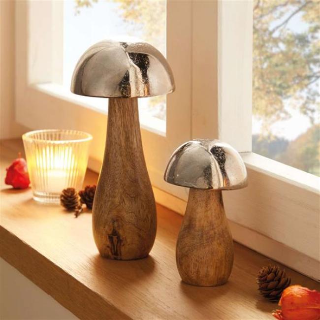 Preview: 2x Pilz "Mangoholz" aus Holz mit Hut aus Aluminium in Antik Optik, große Dekopilze, 11 + 18 cm hoch, Dekofigur Pilzset silber & natur, Herbstdeko Pilze