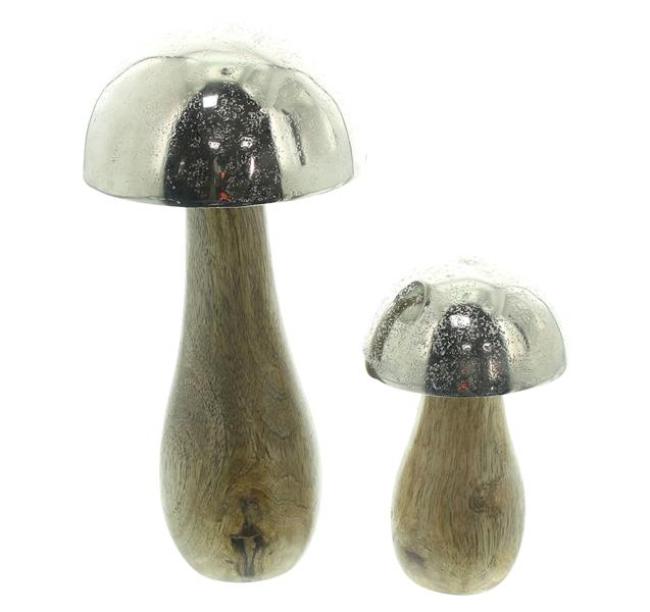 Preview: 2x Pilz "Mangoholz" aus Holz mit Hut aus Aluminium in Antik Optik, große Dekopilze, 11 + 18 cm hoch, Dekofigur Pilzset silber & natur, Herbstdeko Pilze