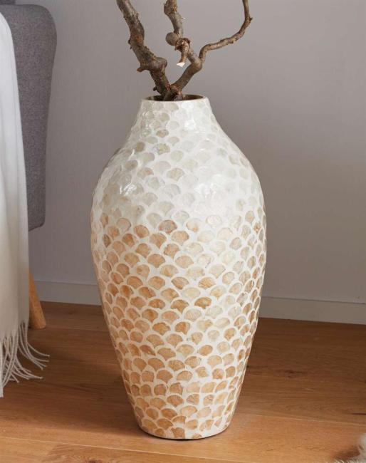 große Dekovase "Capiz" Bodenvase aus Bambus 50 cm hoch, Blumenvase mit Muscheln, Vase für Trockenblumen, Gräser, Äste