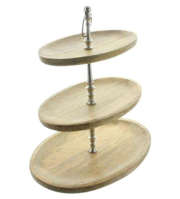 große Etagere "Oval" aus Mangoholz, 3 Etagen, Holz Tortenständer, Obstetagere, Kuchenständer, Cupcake Muffin Ständer, Wurst Käse Kekse Nüsse Platte