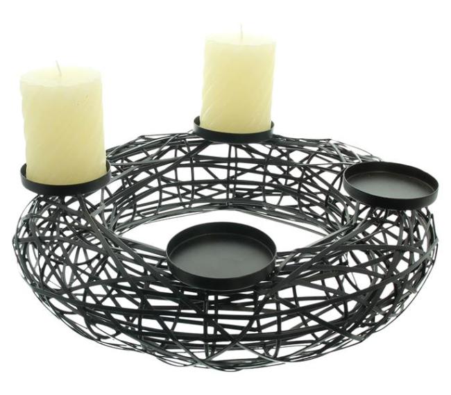 Preview: Adventskranz "Black" aus Metall, schwarz, rund, Ø 38 cm, Weihnachtskranz modern, Kerzenständer für 4 Stumpenkerzen