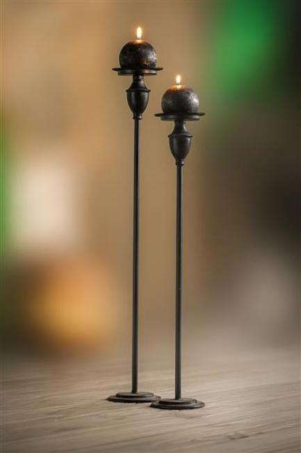 Preview: 2x Kerzenständer "Antique" aus Metall, schwarz, Kerzenhalter 60 + 69 cm hoch, große Kerzensäule für Stumpenkerzen
