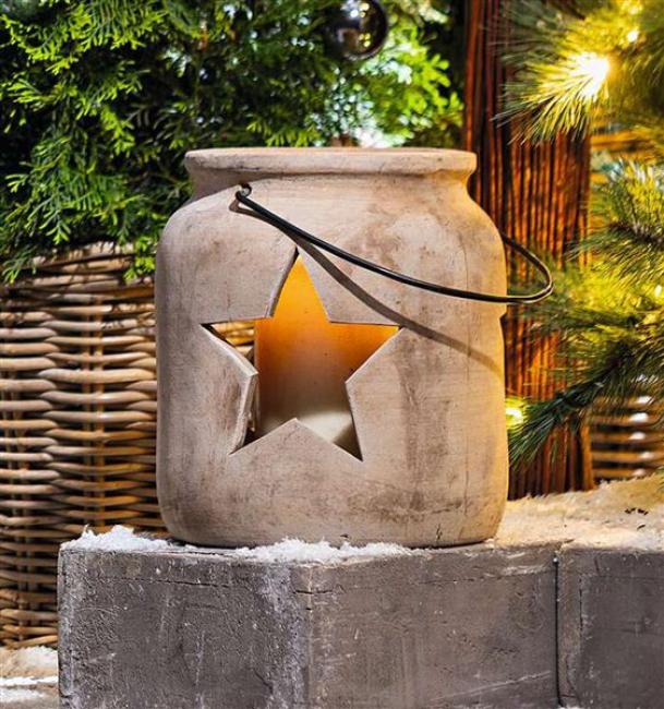 Preview: Windlicht "Stern" aus Terracotta, schwer, großer Kerzenhalter Ø 24x26 cm, Hängelaterne, Gartenlaterne
