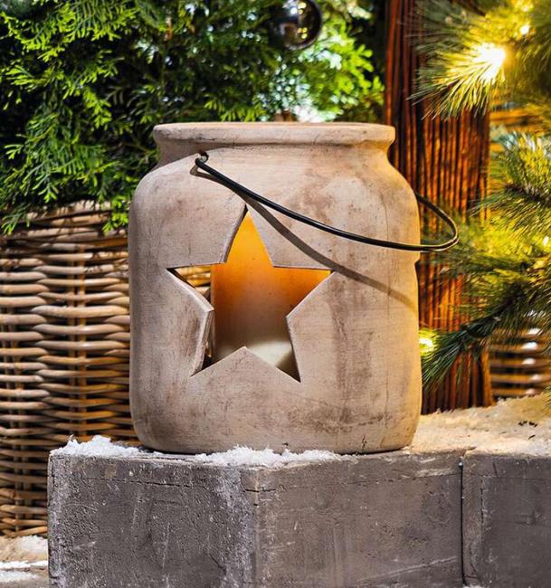 Windlicht "Stern" aus Terracotta, schwer, großer Kerzenhalter Ø 24x26 cm, Hängelaterne, Gartenlaterne