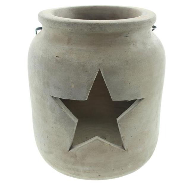 Preview: Windlicht "Stern" aus Terracotta, schwer, großer Kerzenhalter Ø 24x26 cm, Hängelaterne, Gartenlaterne