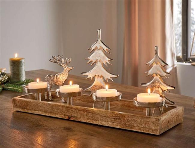 Preview: Lichterboard "Rentier & Tannen" aus Mango Holz & Aluminium mit Kerzenständer für 4 Kerzen, Weihnachtsdeko 50 cm breit, Adventskranz