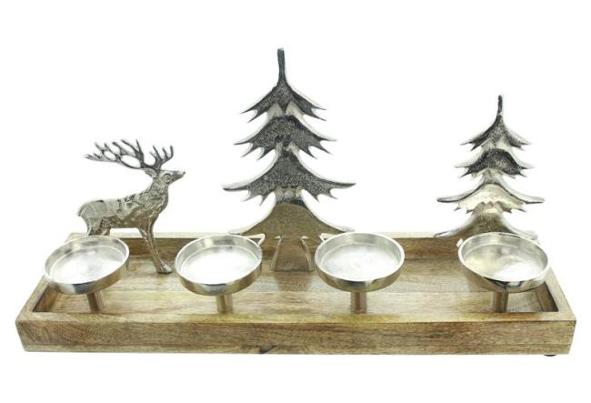 Preview: Lichterboard "Rentier & Tannen" aus Mango Holz & Aluminium mit Kerzenständer für 4 Kerzen, Weihnachtsdeko 50 cm breit, Adventskranz
