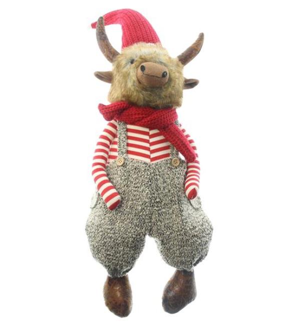 Preview: Kantenhocker "Cattle" aus Kunstfell & Textil, 75 cm hoch, Kantensitzer Kuh, weihnachtliche Dekofigur, Weihnachtsdeko