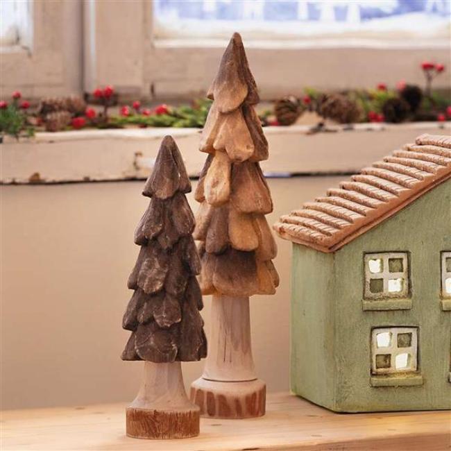 Preview: 2x Dekofigur Tanne "Natural" 24 + 31 cm hoch, Weihnachtsdeko Tannenbaum, Winterdeko, Holzdeko