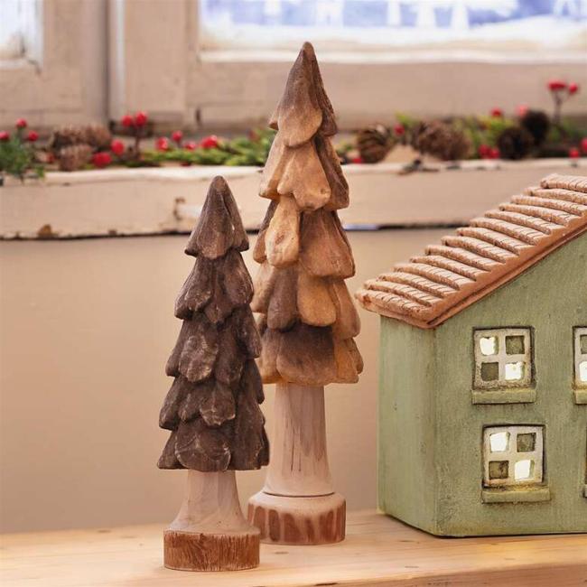 2x Dekofigur Tanne "Natural" 24 + 31 cm hoch, Weihnachtsdeko Tannenbaum, Winterdeko, Holzdeko