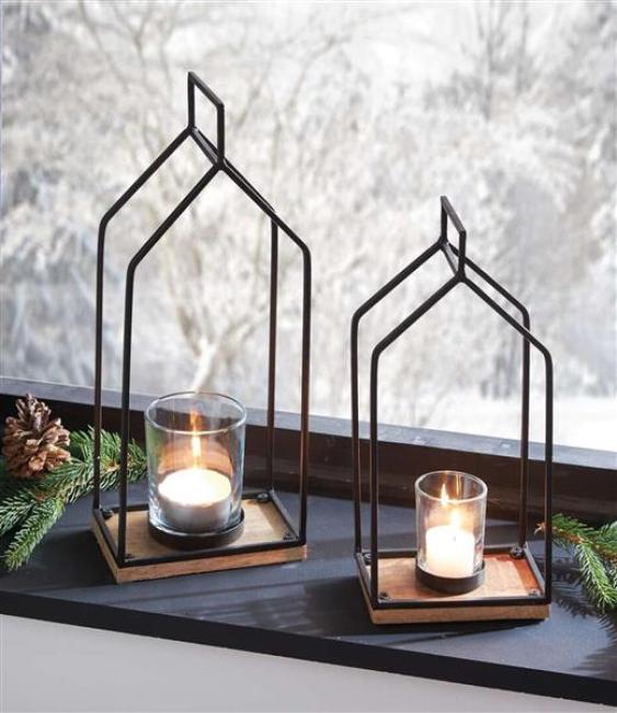 Preview: 2x Windlicht „Haus“ aus Mango Holz & Metall, schwarz, 29 + 37 cm hoch, Laternen mit Kerzengläser, Kerzenständer