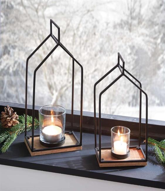 2x Windlicht „Haus“ aus Mango Holz & Metall, schwarz, 29 + 37 cm hoch, Laternen mit Kerzengläser, Kerzenständer