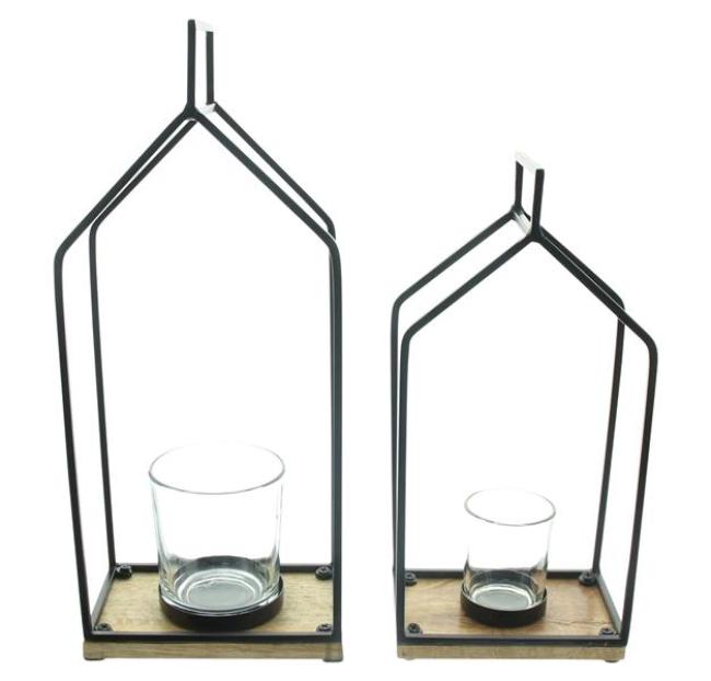 Preview: 2x Windlicht „Haus“ aus Mango Holz & Metall, schwarz, 29 + 37 cm hoch, Laternen mit Kerzengläser, Kerzenständer