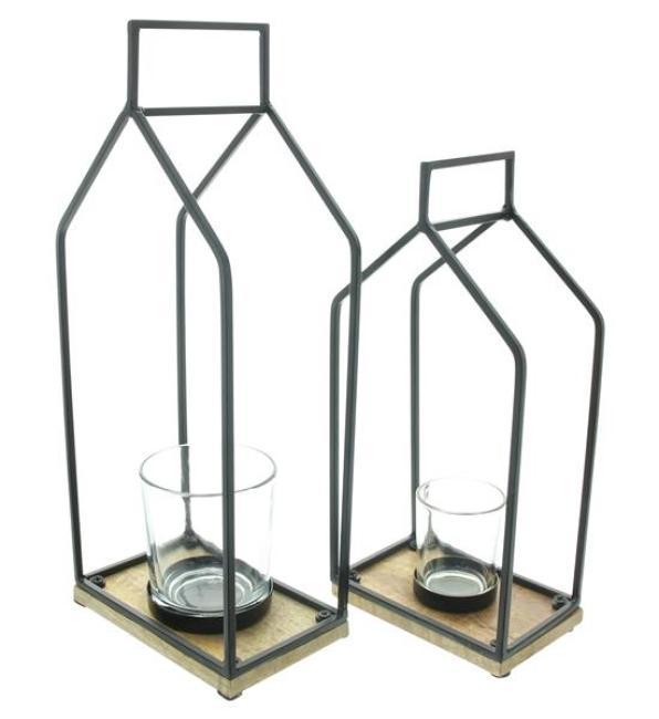 Preview: 2x Windlicht „Haus“ aus Mango Holz & Metall, schwarz, 29 + 37 cm hoch, Laternen mit Kerzengläser, Kerzenständer