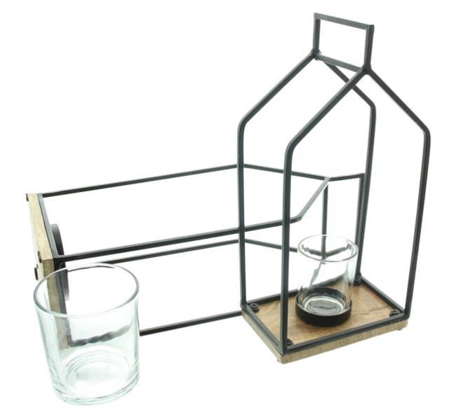 2x Windlicht „Haus“ aus Mango Holz & Metall, schwarz, 29 + 37 cm hoch, Laternen mit Kerzengläser, Kerzenständer