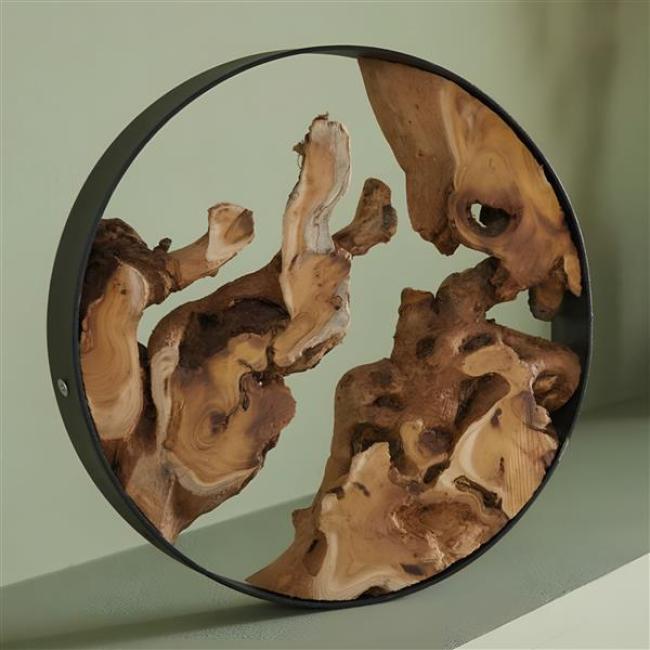 Preview: Dekoobjekt "Root" Dekoring aus Metall mit Wurzelholz, Ø 28 cm, Holz-Kranz, Tischkranz, Dekokranz, Metallring