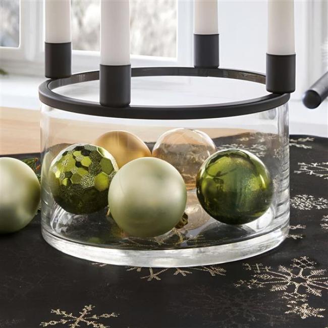 Preview: Schale "Klar" aus Glas mit Kerzenständer für 4 Stabkerzen, Adventskranz, Dekoschale mit Metallkranz, Obstschale, Glasschale