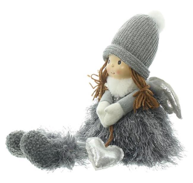 Preview: Kantenhocker "Engelchen" aus Textil, 40 cm hoch, Weihnachtsdeko Engel, Winter Deko-Figur in grau & weiß, Kantensitzer