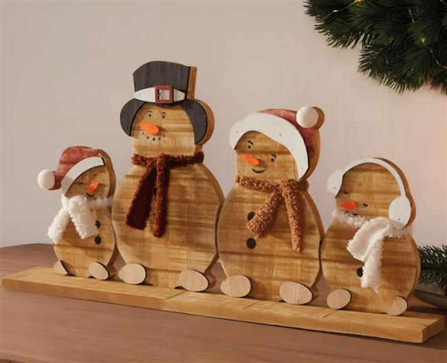 Preview: Winterdeko "Schneemannbande" aus Holz, 45 cm breit, Holzdeko Weihnachten, Weihnachtsdeko Schneemann