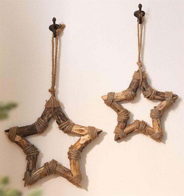 2x Dekohänger Stern "Shabby-Chic" aus recyceltem Holz & Jute, Ø 26 + 33 cm groß, Hänger Weihnachten, Weihnachtsbaumschmuck, Weihnachtsdeko