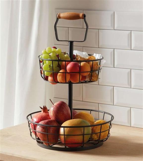 Preview: Etagere "Modern" aus Metall, matt schwarz, 2 Etagen, Obstetagere mit Griff, Obstkorb, Obstschale