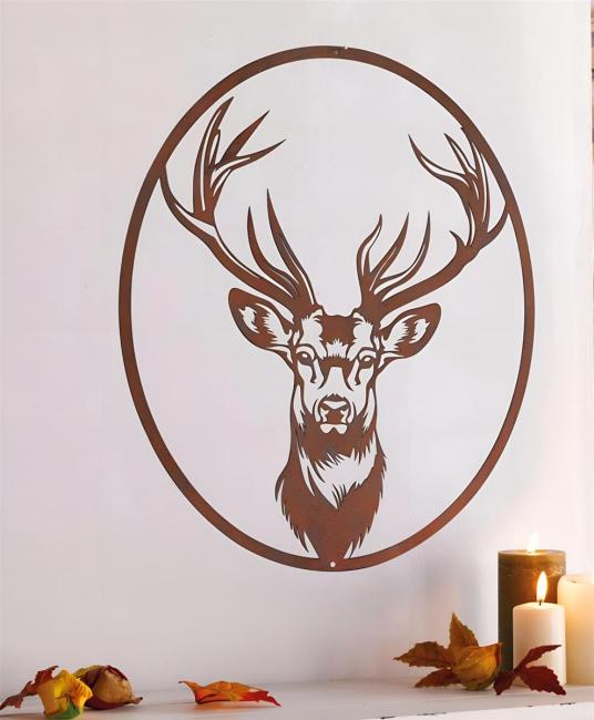 Wanddeko "Hirsch" aus Metall mit Rost Finish, 45 x 50 cm, Wandbild, Wandschmuck, Metalldeko